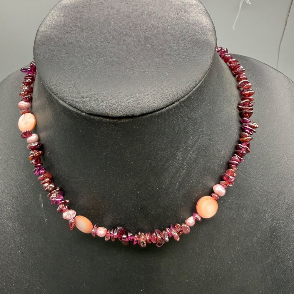 Garnet & Shell Chip Beaded Necklace With Magnetic Clasp 16" Length
